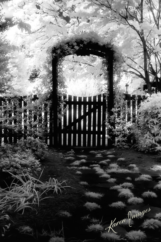 A black and white infrared image of fine art photography of a gate on Rugby Avenue in College Park, Georgia photographed by Atlanta Fine Art Photographer Karen Images