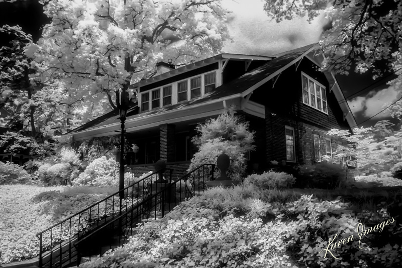 A black and white infrared image of fine art photography of a home on Rugby Avenue in College Park, Georgia photographed by Atlanta Fine Art Photographer Karen Images