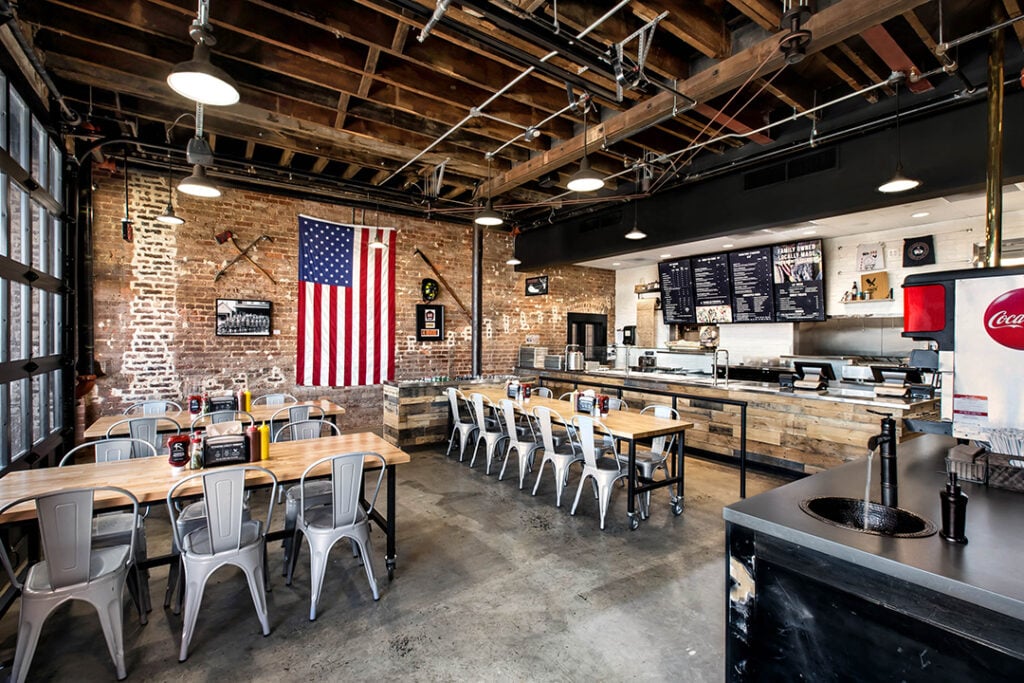Architectural photograph of the interior design of the dining room of Firehouse BBQ in downtown Atlanta by Atlanta Architectural photographer Karen Images