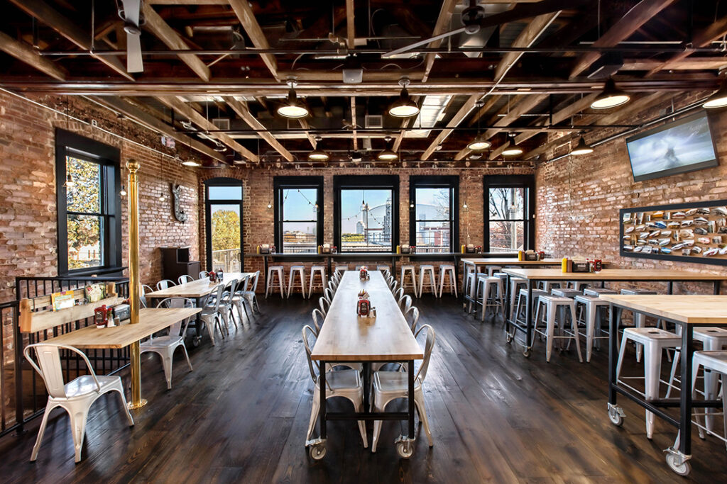 Architectural photograph of the interior design of the upstairs dining room of Firehouse BBQ in downtown Atlanta by Atlanta Architectural photographer Karen Images