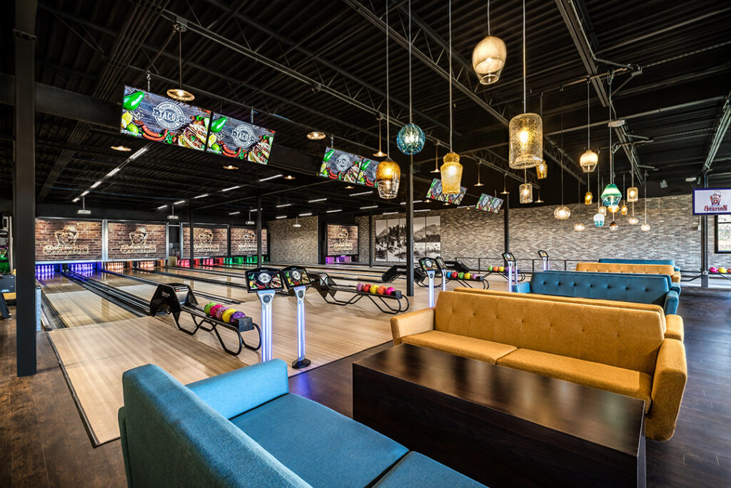 Architectural photograph of the interior design of the bowling alley in Lakepoint Station in Cartersville, Georgia by Atlanta Architectural photographer Karen Images