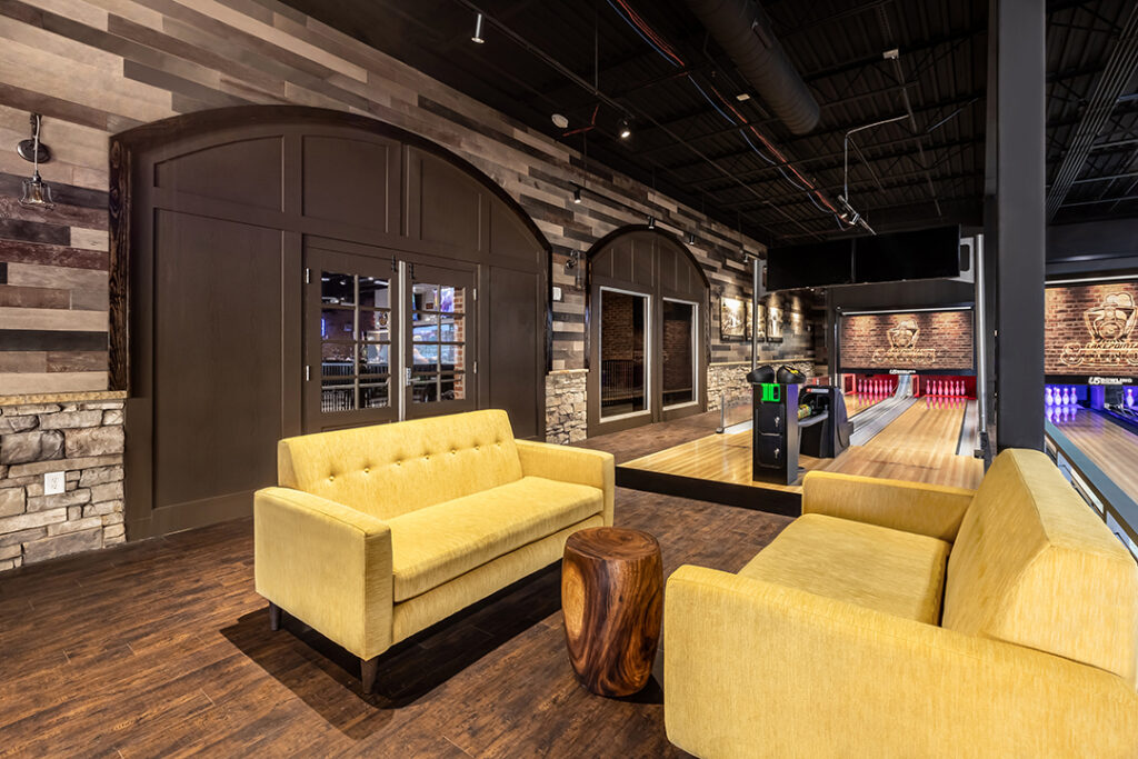 Architectural photograph of the interior design of the lounge and bowling alley in Lakepoint Station in Cartersville, Georgia by Atlanta Architectural photographer Karen Images