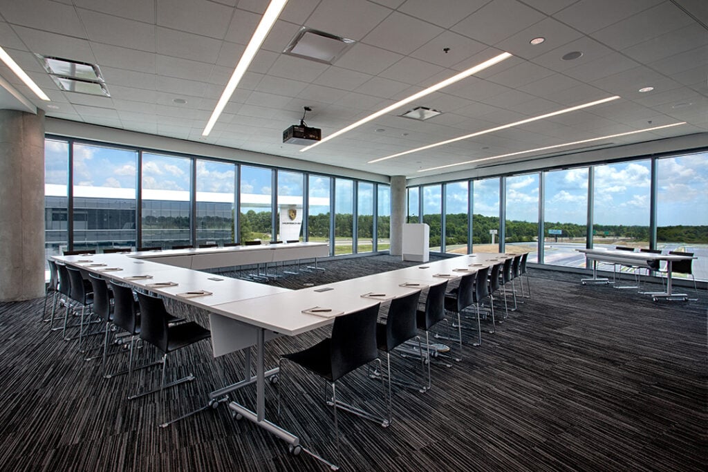 Architectural photograph of the interior design of Turbo Targa conference rooms at One Porsche Drive in Hapeville, Georgia by Atlanta Architectural photographer Karen Images