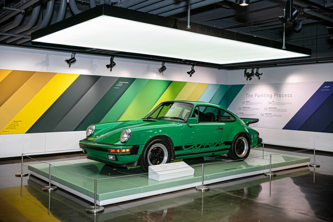 A marketing photograph of a 911 in the Heritage Gallery at One Porsche Drive in Atlanta by Atlanta Commercial Photographer Karen Images