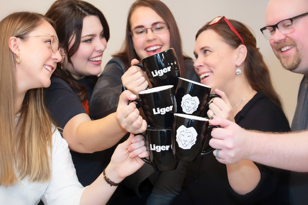A corporate culture image of custom stock photography of Liger employees having coffee together by Atlanta Commercial Photographer Karen Images