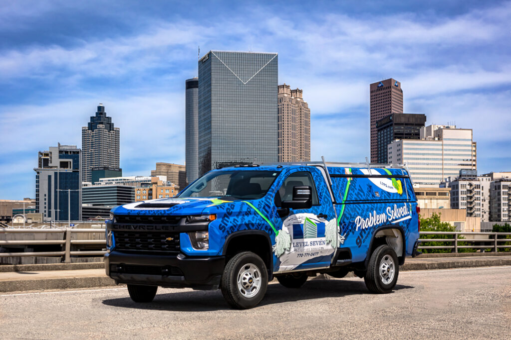 An image of a Level & Facilities Services in front of the Atlanta skyline by Atlanta's Commercial photographer Karen Images