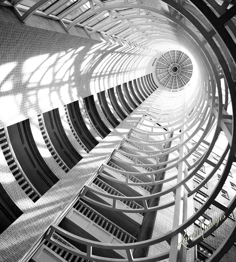 A black and white image of fine art photography of the Georgian Terrace Hotel in Atlanta, Georgia photographed by Atlanta Fine Art Photographer Karen Images