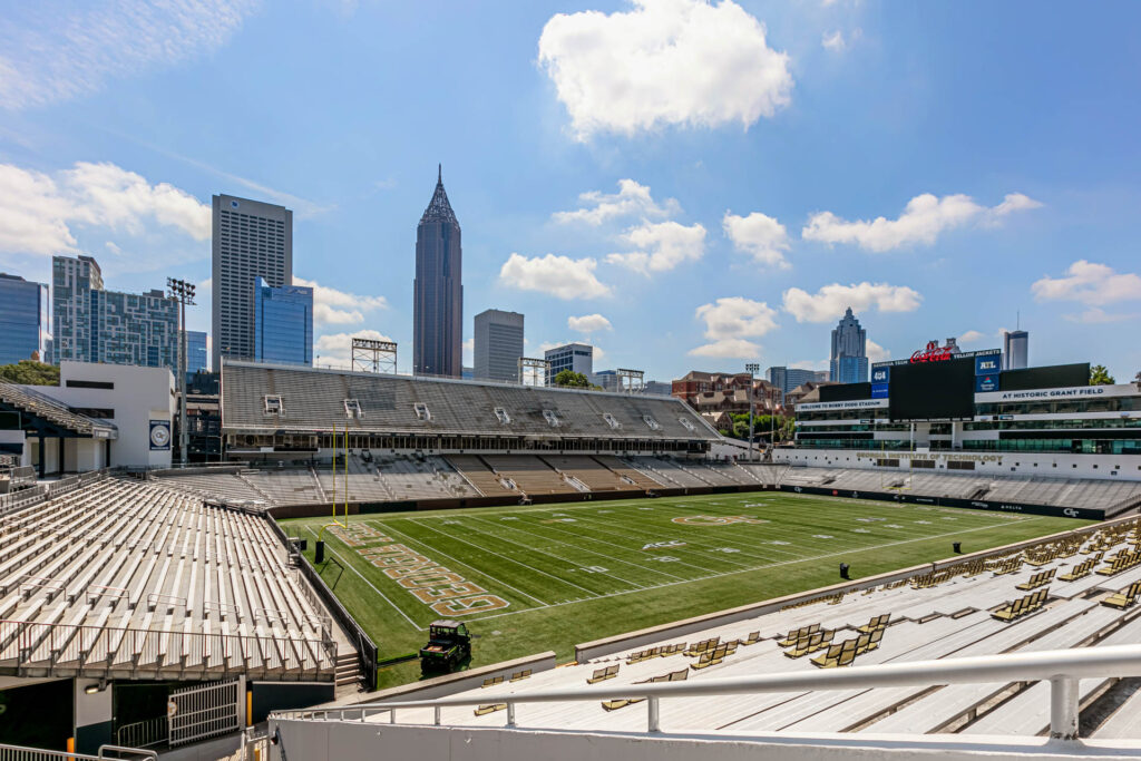 Aerial drone photograph of Georgia Tech's Bobby Dodd Field in downtown Atlanta by Atlanta drone photographer Karen Images