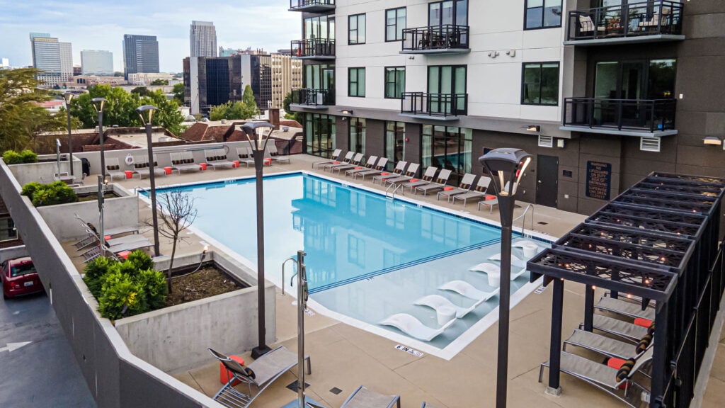 Aerial Image taken with a drone by of Aria Swimming pool in Atlanta Georgia by Atlanta Architectural photographer Karen Images