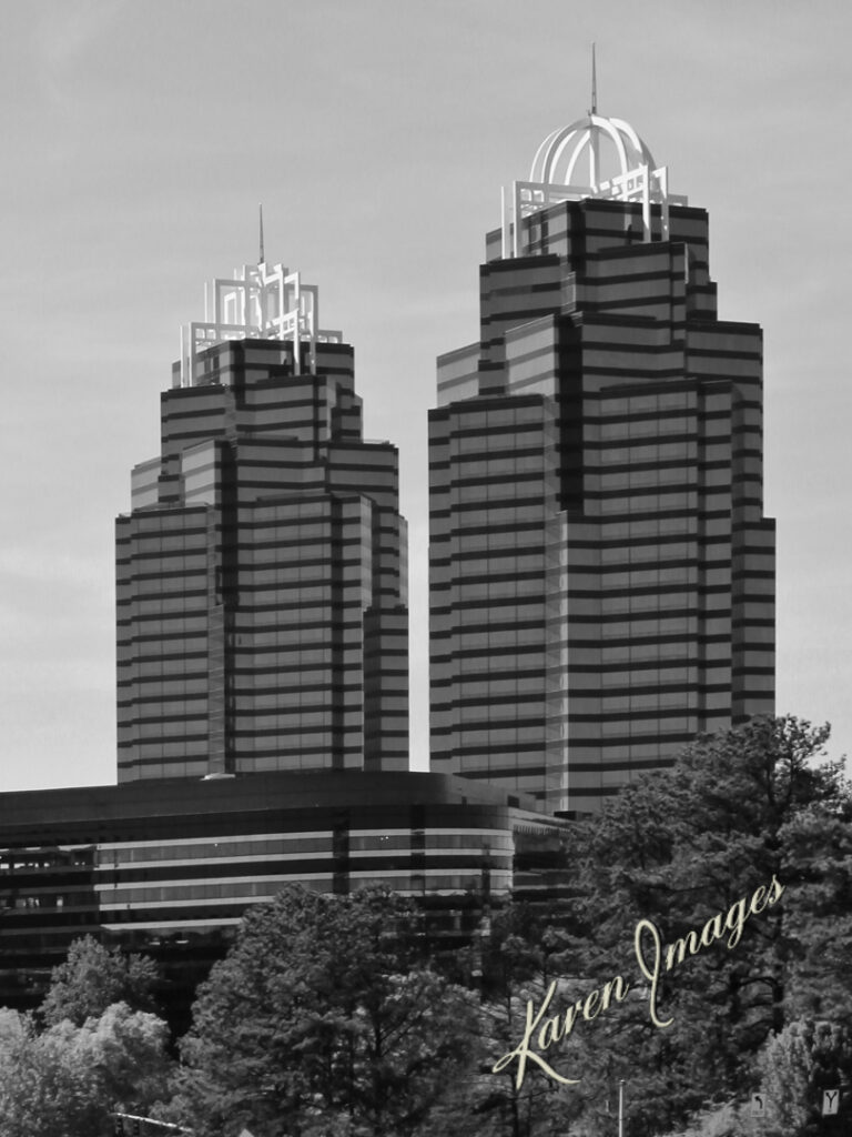 A black and white image of fine art photography of the King and Queen Building in Sandy Springs, Georgia photographed by Atlanta Fine Art Photographer Karen Images