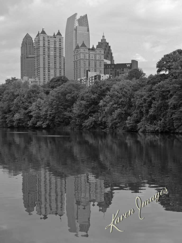 A black and white image of fine art photography of Lake Clara Meer at Piedmont Park in Atlanta, Georgia photographed by Atlanta Fine Art Photographer Karen Images