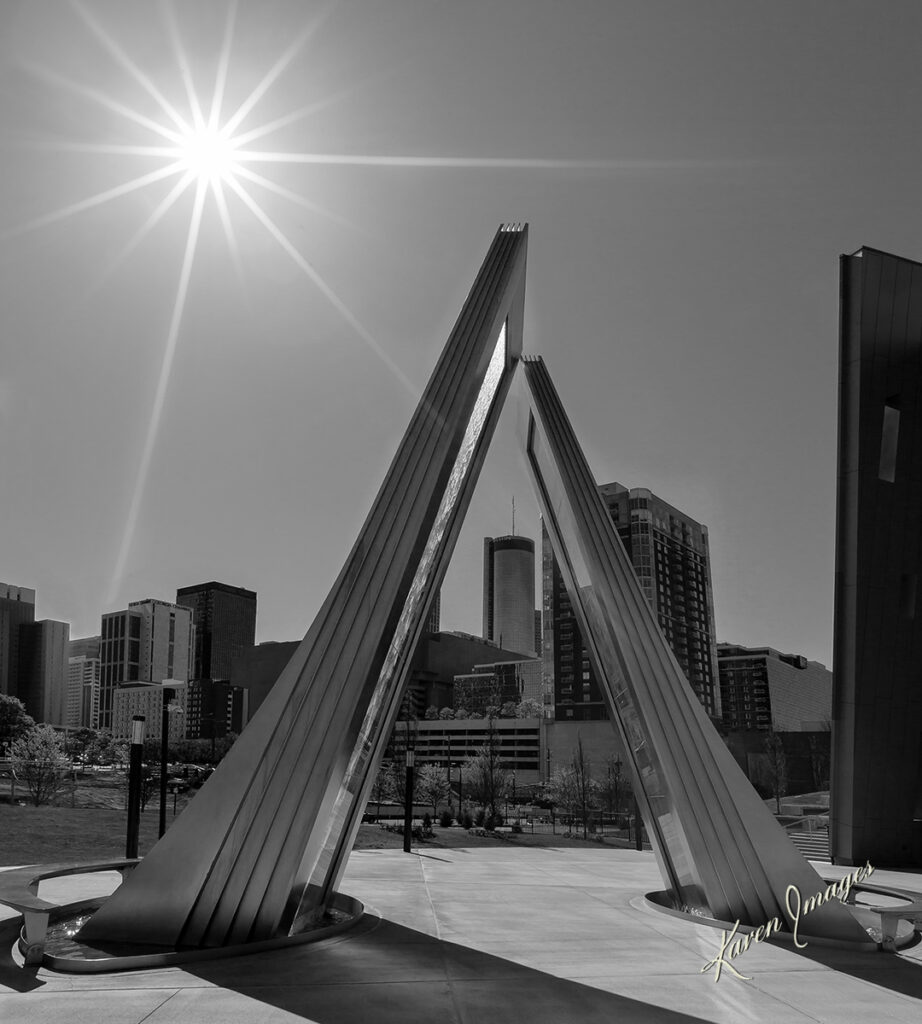 A black and white image of fine art photography of the National Center for Civil and Human Rights in Atlanta, Georgia photographed by Atlanta Fine Art Photographer Karen Images