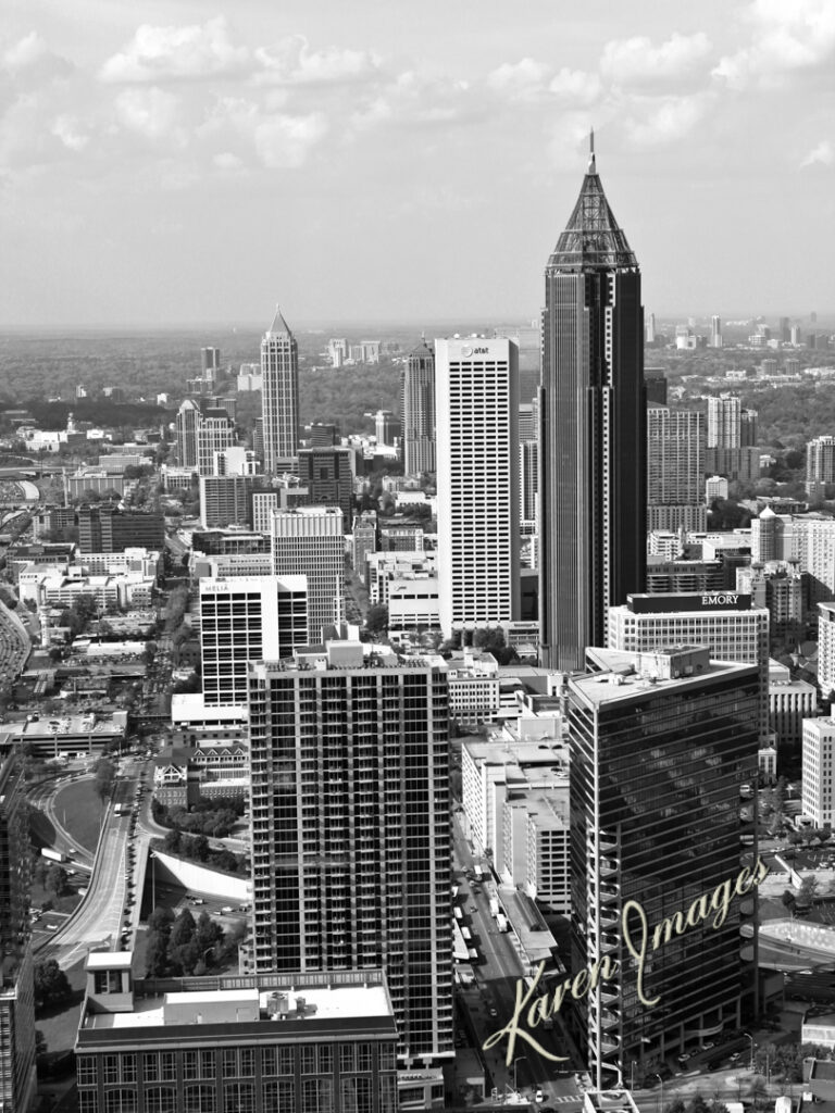 view north of peachtree st in atlanta, georgia - atlanta's commercial photographer a black and white fine art photograph of the atlanta skyline by fine art photographer karen images