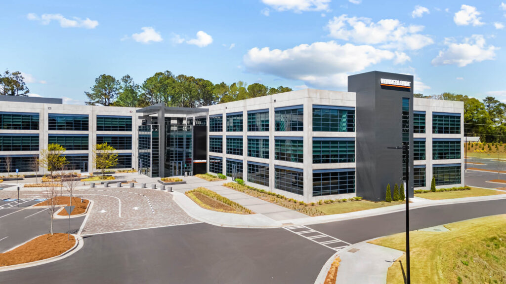 Aerial photograph of front facade of the Vanderlande Corporate Headquarters in Kennesaw, Georgia by Atlanta drone photographer Karen Images