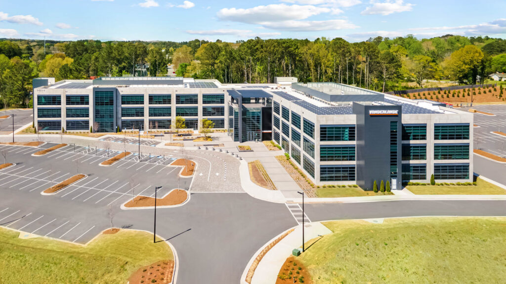 Aerial photograph of southern facade of the Vanderlande Corporate Headquarters in Kennesaw, Georgia by Atlanta drone photographer Karen Images