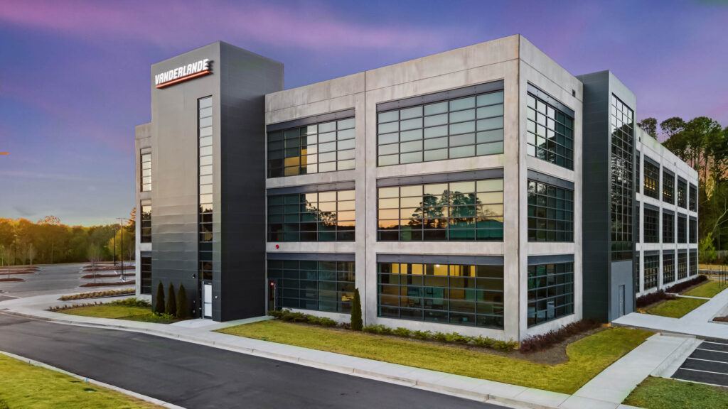 Aerial photograph of Western facade of the Vanderlande Corporate Headquarters in Kennesaw, Georgia by Atlanta drone photographer Karen Images