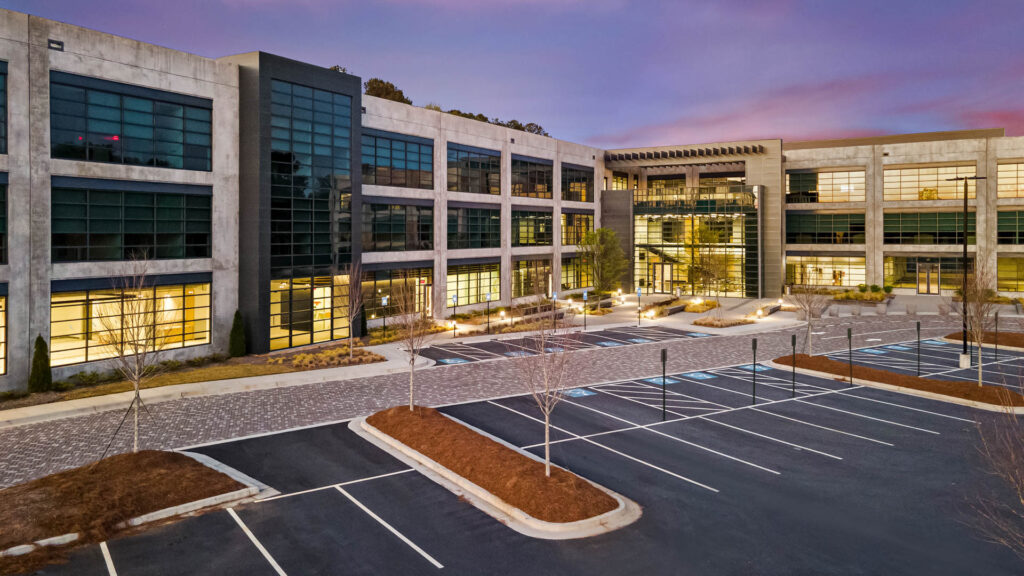 Aerial drone photograph of southern facade Vanderlande Corporate Headquarters in Kennesaw, Georgia by Atlanta drone photographer Karen Images
