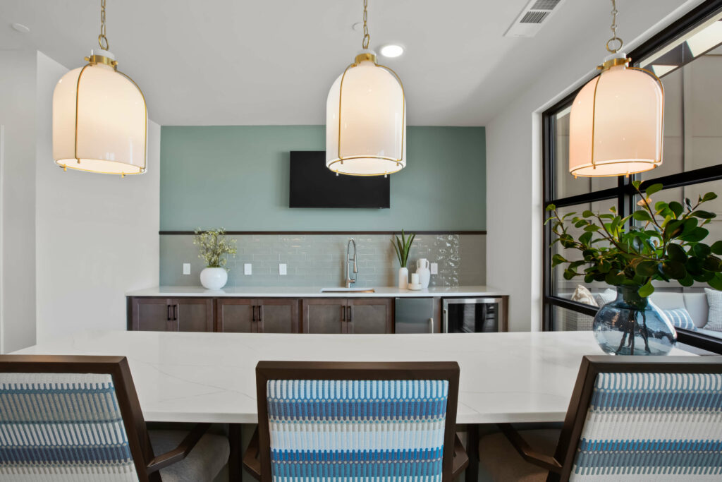 interior of community lounge at the veranda at assembly photographed by architectural photographer karen images