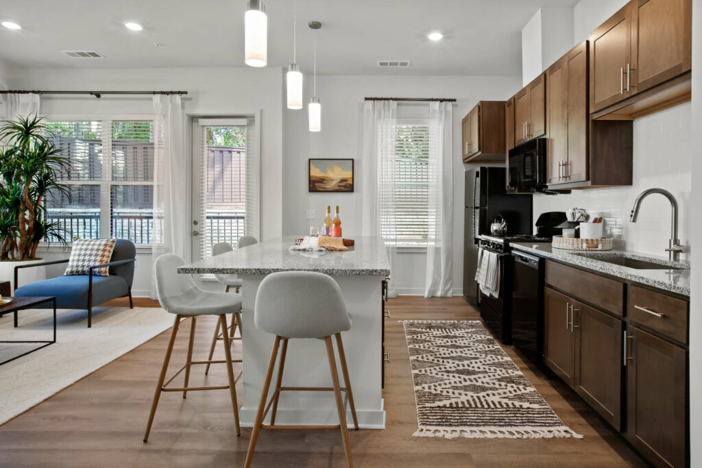 view of a kitchen in a model home at the veranda at assembly photographed by architectural photographer karen images