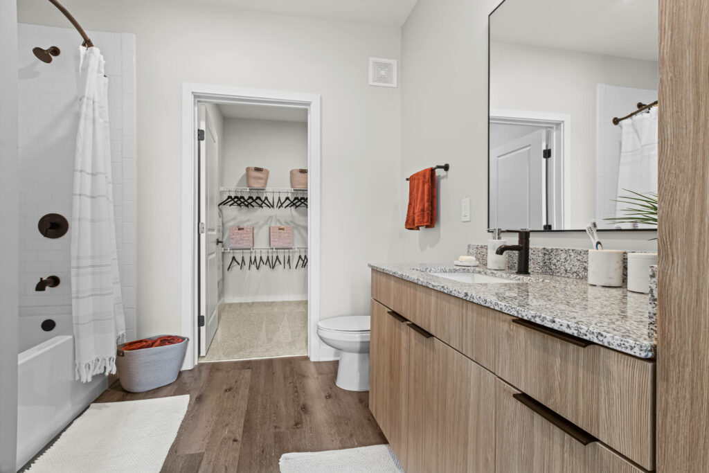 a bathroom in a one bedroom apartment at oslo by architectural photographer karen images