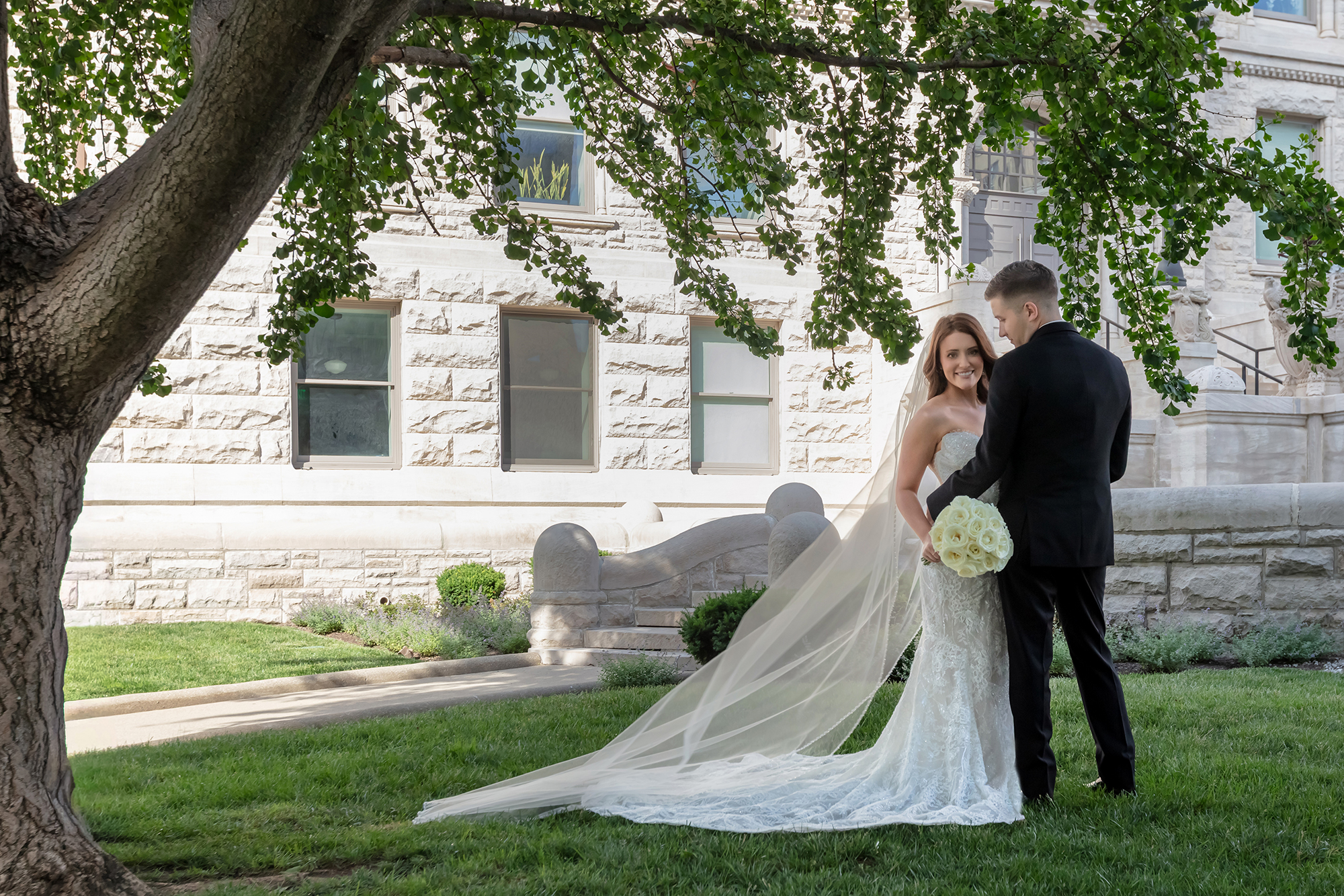Bride and groom portrait outside Limestone Hall in Lexington, Kentucky