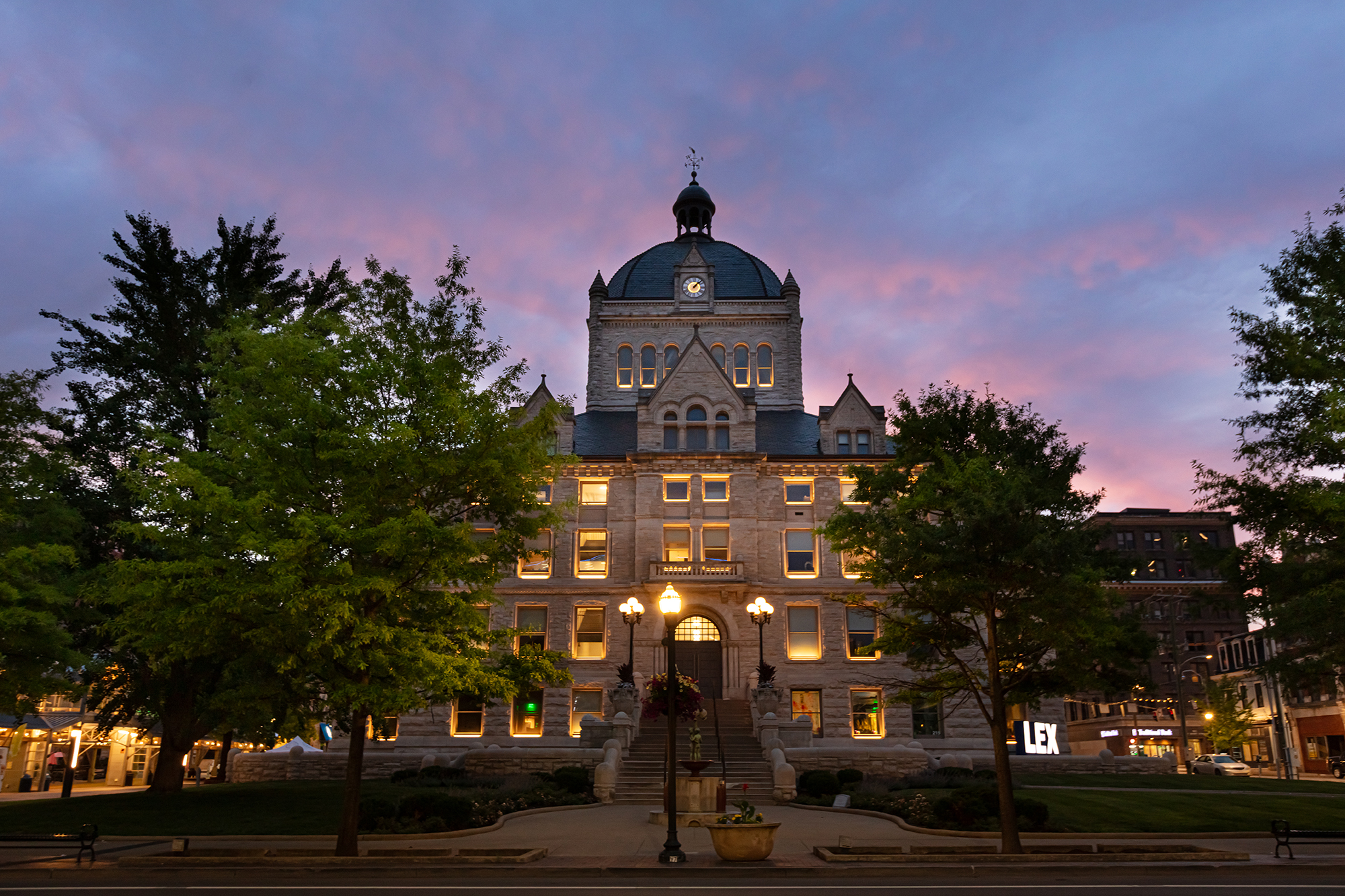 Limestone Hall illuminated at dusk in downtown Lexington, Kentucky